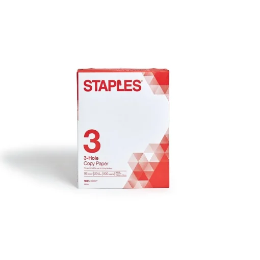 Staples Copy Paper<8.5" x 11" 3-Hole Punched Copy Paper, 20 lbs., 92 Brightness, 500/Ream (221192)