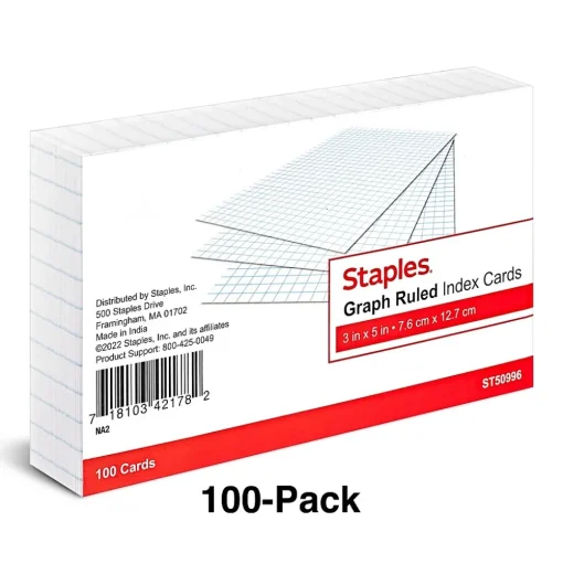 Staples Index Cards<3" x 5" Index Cards, Graph Ruled, White, 100/Pack (TR50996)