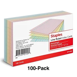 Staples Index Cards<3" x 5" Index Cards, Lined, Assorted Colors, 100/Pack (TR51004)