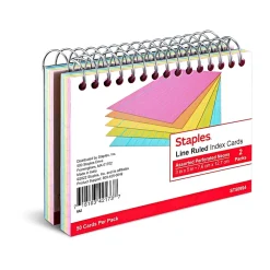 Staples Index Cards<™ 3" x 5" Index Cards, Lined, Neon, 50 Cards/Pack, 2 Packs/Carton (TR50994)