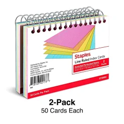 Staples Index Cards<™ 3" x 5" Index Cards, Lined, Neon, 50 Cards/Pack, 2 Packs/Carton (TR50994)