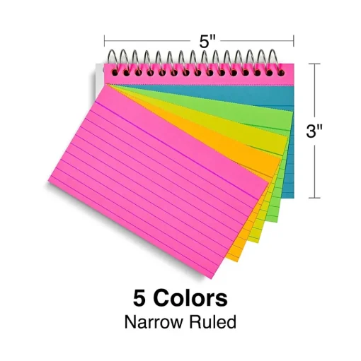 Staples Index Cards<™ 3" x 5" Index Cards, Lined, Neon, 50 Cards/Pack, 2 Packs/Carton (TR50994)