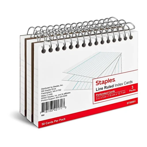 Staples Index Cards<3" x 5" Index Cards, Lined, White, 50 Cards/Pack, 3 Pack/Carton (TR50991)