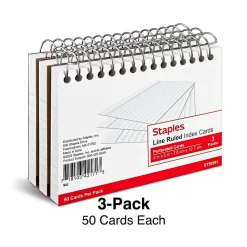 Staples Index Cards<3" x 5" Index Cards, Lined, White, 50 Cards/Pack, 3 Pack/Carton (TR50991)