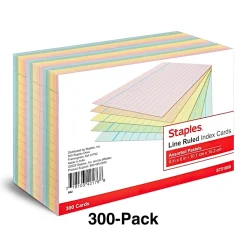 Staples Index Cards<4" x 6" Index Cards, Lined, Assorted Colors, 300/Pack (TR51000)