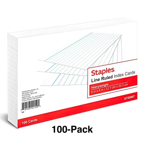 Staples Index Cards<™ 5" x 8" Index Cards, Lined, White, 100/Pack (TR50987)