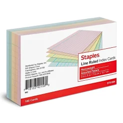 Staples Index Cards<3" x 5" Index Cards, Lined, Assorted Colors, 100/Pack (TR51004)