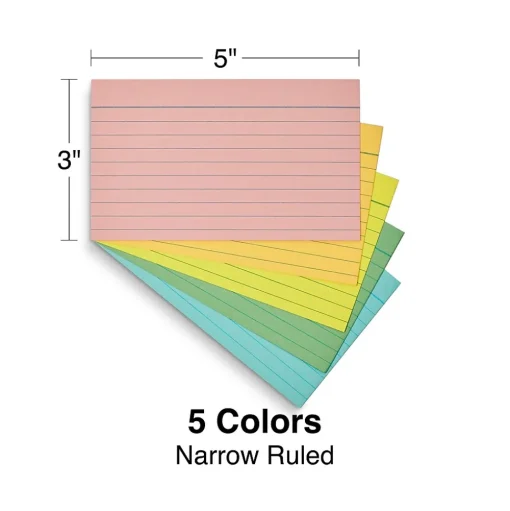 Staples Index Cards<3" x 5" Index Cards, Lined, Assorted Colors, 100/Pack (TR51004)