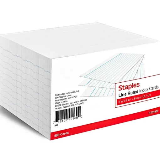 Staples Index Cards<3" x 5" Index Cards, Lined, White, 500/Pack (TR51009)