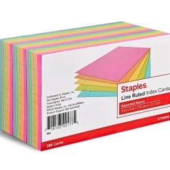 Staples Index Cards<3" x 5" Index Cards, Lined, Assorted Colors, 300/Pack (19594)