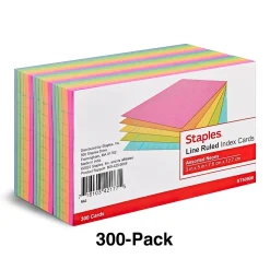 Staples Index Cards<3" x 5" Index Cards, Lined, Assorted Colors, 300/Pack (19594)