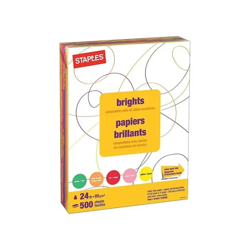 Staples Multipurpose Paper<Brights Multipurpose Paper, 24 lbs., 8.5" x 11", Assorted, 500/Ream (20200)