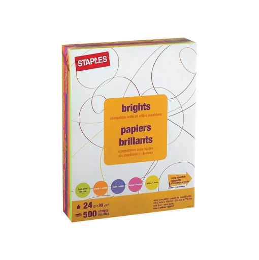 Staples Multipurpose Paper<Brights Multipurpose Colored Paper, 24 lbs., 8.5" x 11", Assorted Neon, 500/Ream (20201)