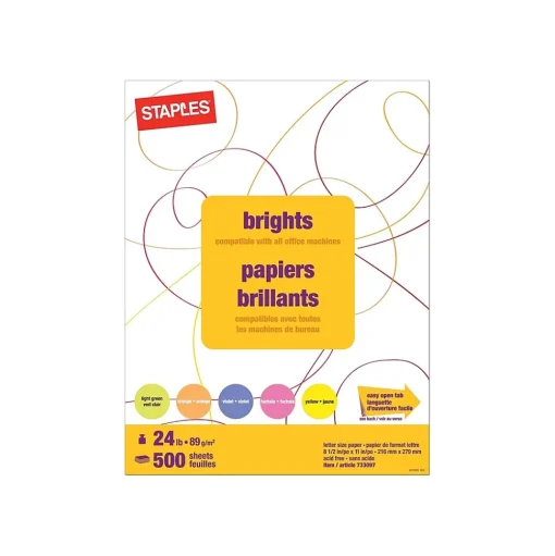 Staples Multipurpose Paper<Brights Multipurpose Colored Paper, 24 lbs., 8.5" x 11", Assorted Neon, 500/Ream (20201)