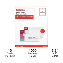 Staples Business Cards<® Business Cards, 3.5" x 2", Matte White, 1000/Pack (ST12520)