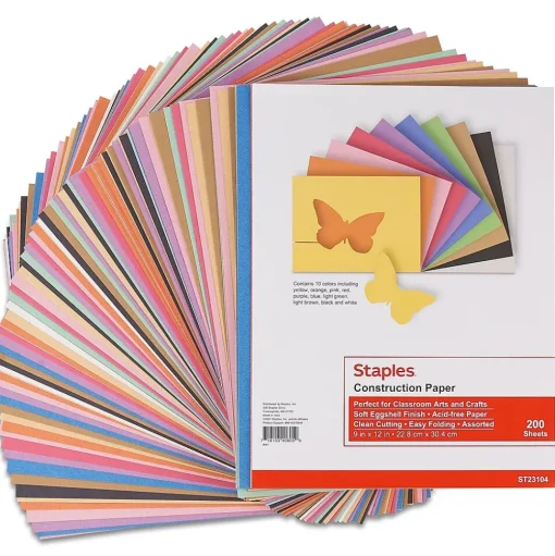 Staples Construction Paper<Construction Paper, 9"W x 12"L, Assorted, 200/Pack (23104)