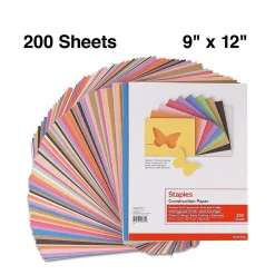 Staples Construction Paper<Construction Paper, 9"W x 12"L, Assorted, 200/Pack (23104)