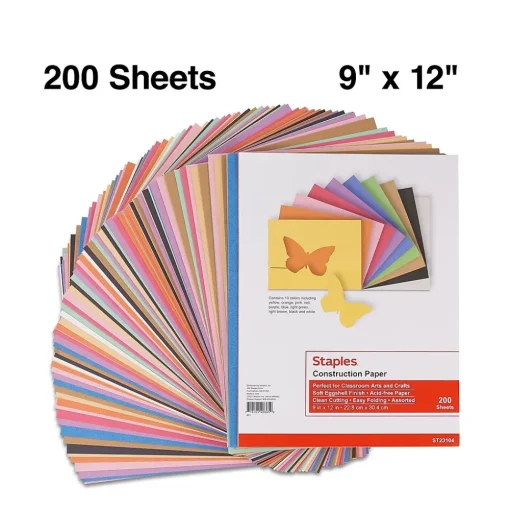 Staples Construction Paper<Construction Paper, 9"W x 12"L, Assorted, 200/Pack (23104)