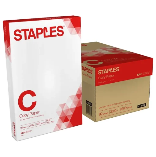 Staples Copy Paper<Copy Paper, 11" x 17", 20 lbs., White, 500 Sheets/Ream, 5 Reams/Carton (512215)