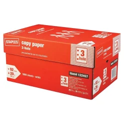 Staples Copy Paper<3-Hole Punch Copy Paper, 8.5" x 11", 20 lbs., 500 Sheets/Ream, 10 Reams/Carton (221192)