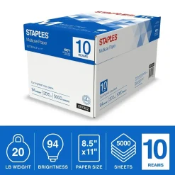 Staples Copy Paper<Multiuse Copy Paper, 8.5" x 11", 20 lbs., 94 Brightness, 500 Sheets/Ream, 10 Reams/Carton (20472)