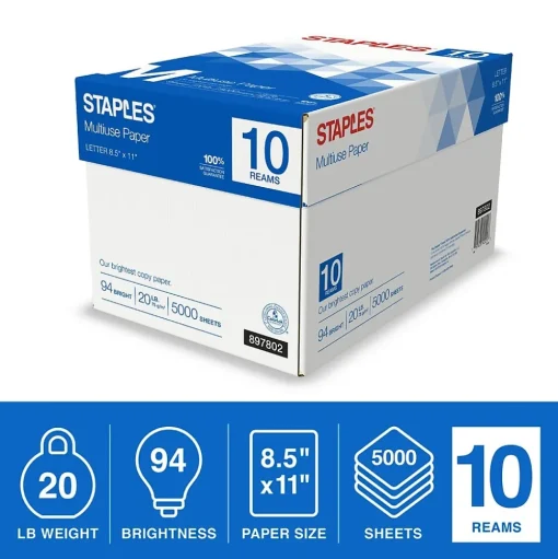 Staples Copy Paper<Multiuse Copy Paper, 8.5" x 11", 20 lbs., 94 Brightness, 500 Sheets/Ream, 10 Reams/Carton (20472)