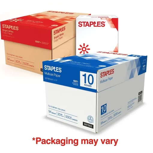 Staples Copy Paper<Multiuse Copy Paper, 8.5" x 11", 20 lbs., 94 Brightness, 500 Sheets/Ream, 10 Reams/Carton (20472)
