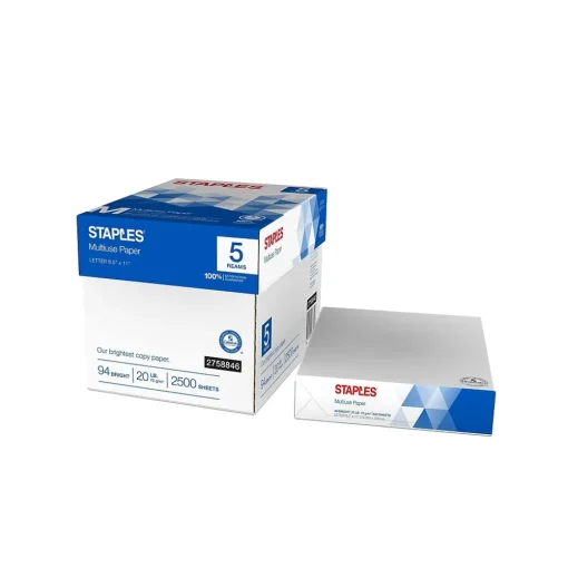 Staples Copy Paper<Multiuse Copy Paper, 8.5" x 11", 20 lbs., 94 Brightness, 500 Sheets/Ream, 5 Reams/Carton (51928)