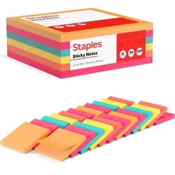 Staples Sticky Notes<Notes, 3" x 3", Pool Party Collection, 100 Sheet/Pad, 24 Pads/Pack (S-33BR24)