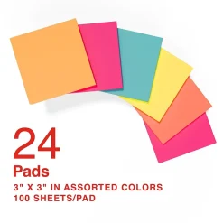 Staples Sticky Notes<Notes, 3" x 3", Pool Party Collection, 100 Sheet/Pad, 24 Pads/Pack (S-33BR24)