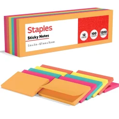 Staples Sticky Notes<Notes, 3" x 5", Pool Party Collection, 100 Sheet/Pad, 12 Pads/Pack (S-35BR12)