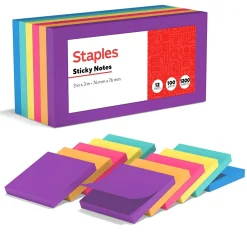 Staples Sticky Notes<Notes, 3" x 3", Sorbet Collection, 100 Sheet/Pad, 12 Pads/Pack (S-33BO12/52566)