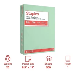 Staples Multipurpose Paper<Pastel 30% Recycled Color Copy Paper, 20 lbs., 8.5" x 11", , 500/Ream (14781)