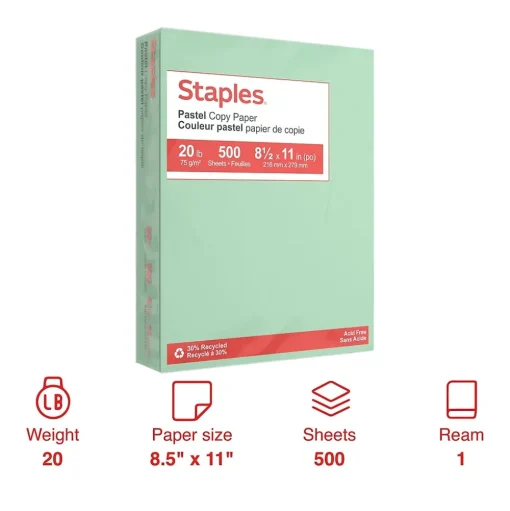 Staples Multipurpose Paper<Pastel 30% Recycled Color Copy Paper, 20 lbs., 8.5" x 11", , 500/Ream (14781)