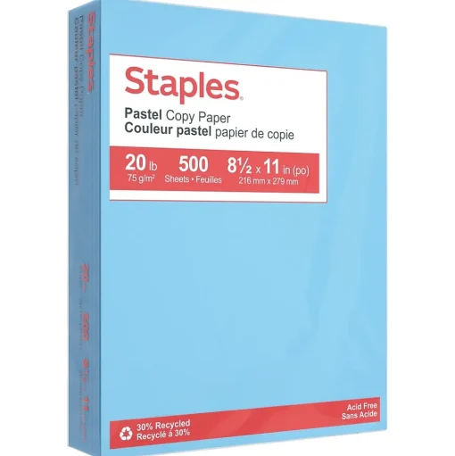 Staples Multipurpose Paper<Pastel 30% Recycled Color Copy Paper, 20 lbs., 8.5" x 11", , 500/Ream (14786)