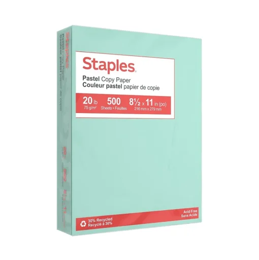 Staples Multipurpose Paper<Pastel 30% Recycled Color Copy Paper, 20 lbs., 8.5" x 11", , 500 Sheets/Ream (14784)