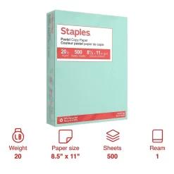 Staples Multipurpose Paper<Pastel 30% Recycled Color Copy Paper, 20 lbs., 8.5" x 11", , 500 Sheets/Ream (14784)