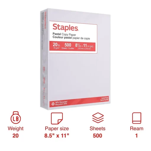 Staples Multipurpose Paper<Pastel 30% Recycled Color Copy Paper, 20 lbs., 8.5" x 11", , 500/Ream (14785)