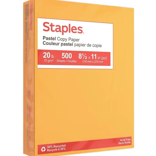 Staples Multipurpose Paper<Pastel 30% Recycled Color Copy Paper, 20 lbs., 8.5" x 11", , 500/Ream (14788)