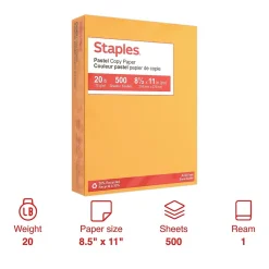 Staples Multipurpose Paper<Pastel 30% Recycled Color Copy Paper, 20 lbs., 8.5" x 11", , 500/Ream (14788)
