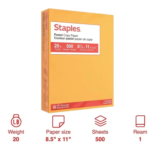 Staples Multipurpose Paper<Pastel 30% Recycled Color Copy Paper, 20 lbs., 8.5" x 11", , 500/Ream (14788)