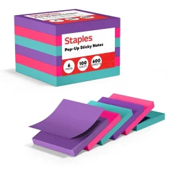 Staples Sticky Notes<® Pop-up Notes, 3" x 3", Berry Blast Collection, 100 Sheet/Pad, 6 Pads/Pack (S33BOP6/52558)