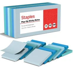 Staples Sticky Notes<® Pop-up Notes, 3" x 3", Ocean Views Collection, 100 Sheet/Pad, 12 Pads/Pack (S-33WCP12)