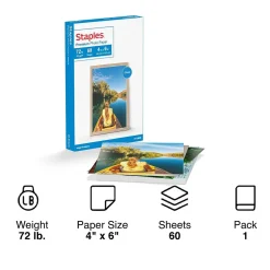 Staples Photo Paper<Premium Glossy Photo Paper, 4"W x 6"L, 60/Pack (19898-CC)