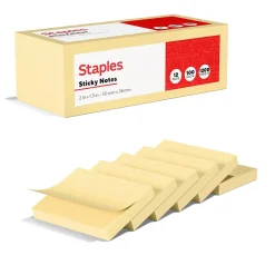 Staples Sticky Notes<Recycled Notes, 1 3/8" x 1 7/8", Sunshine Collection, 100 Sheet/Pad, 12 Pads/Pack (S152YR/1252554)