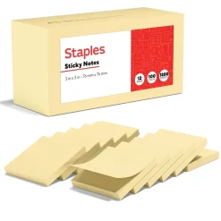 Staples Sticky Notes<Recycled Notes, 3" x 3", Sunshine Collection, 100 Sheet/Pad, 12 Pads/Pack (S33YR12/52564)
