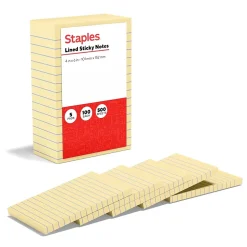 Staples Sticky Notes<Recycled Notes, 4" x 6", Sunshine Collection, Lined, 100 Sheet/Pad, 5 Pads/Pack (S46YR/552572)