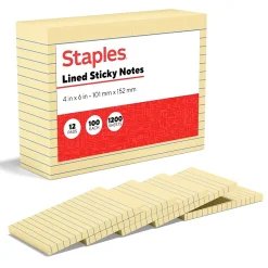 Staples Sticky Notes<Recycled Notes, 4" x 6", Sunshine Collection, Lined, 100 Sheet/Pad, 12 Pads/Pack (S-46YR12)
