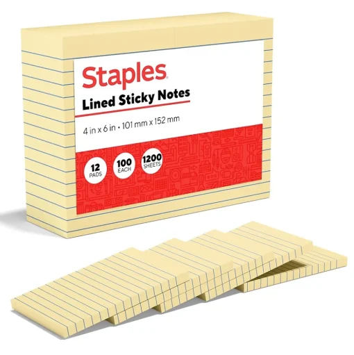 Staples Sticky Notes<Recycled Notes, 4" x 6", Sunshine Collection, Lined, 100 Sheet/Pad, 12 Pads/Pack (S-46YR12)