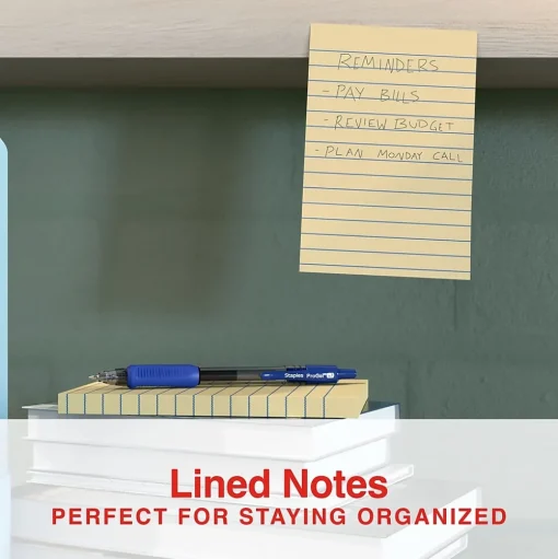 Staples Sticky Notes<Recycled Notes, 4" x 6", Sunshine Collection, Lined, 100 Sheet/Pad, 12 Pads/Pack (S-46YR12)
